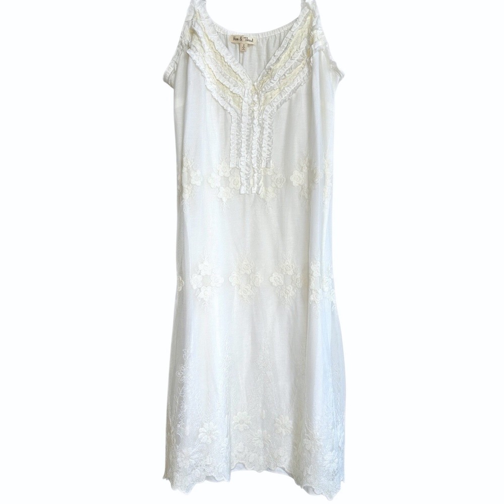Hem & Thread White Lace Ruffle Midi Dress Nightgown L Boho Cottage Embroidered